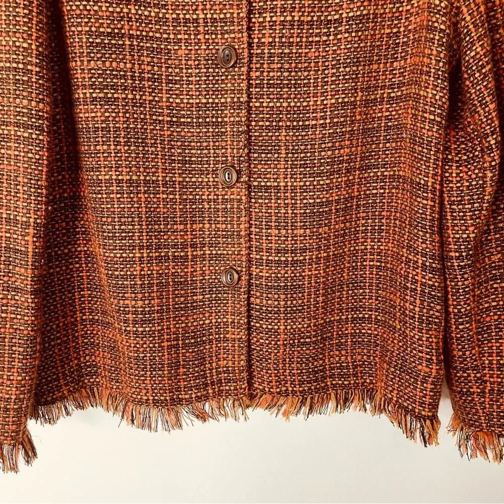 Vintage orange brown tweed wool fringe button preppy office blazer medium